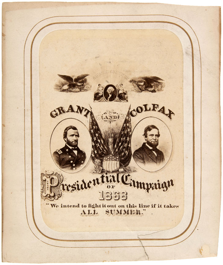 Hake S UNUSUAL LARGE 1868 GRANT COLFAX CAMPAIGN CARD IN PERIOD FRAME