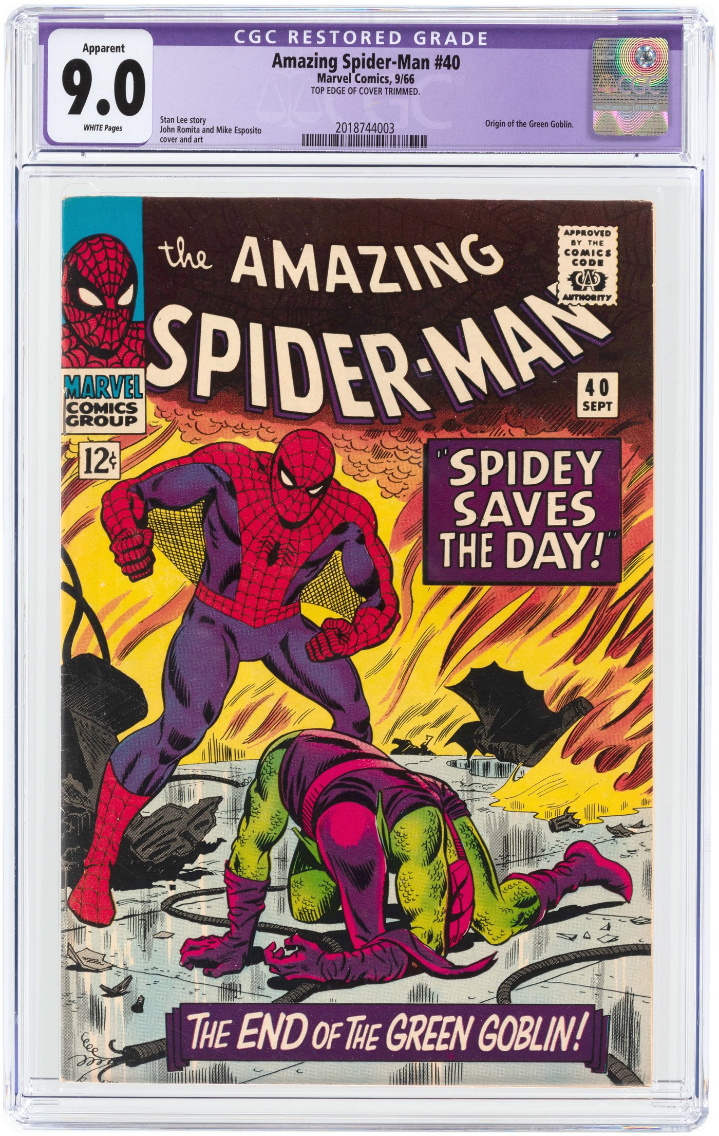 Hake S AMAZING SPIDER MAN 40 SEPTEMBER 1966 CGC RESTORED APPARENT