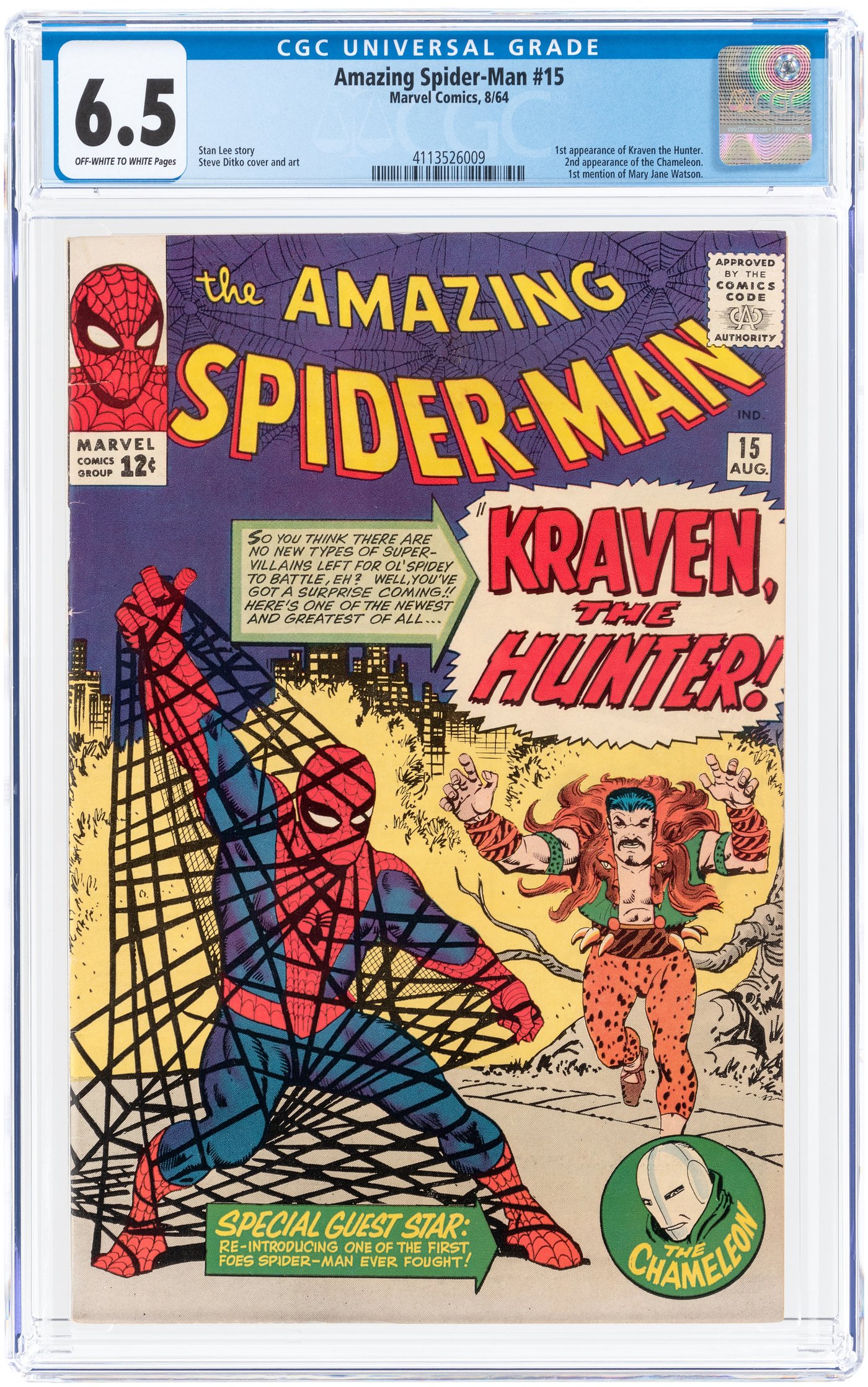 Hake S AMAZING SPIDER MAN 15 AUGUST 1964 CGC 6 5 FINE FIRST KRAVEN