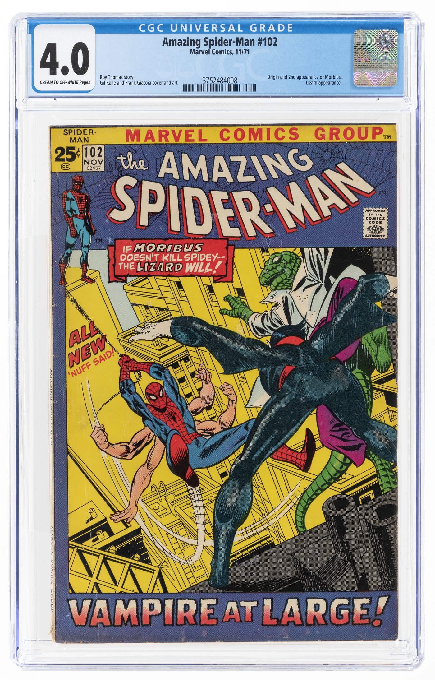 Hake S AMAZING SPIDER MAN 102 NOVEMBER 1971 CGC 4 0 VG