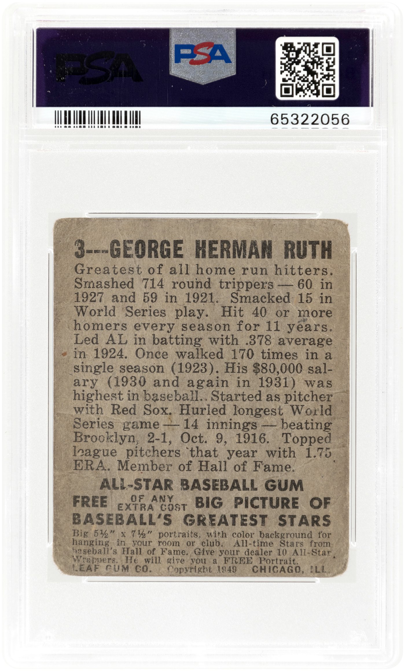 Hake S 1948 LEAF 3 BABE RUTH HOF PSA 1 POOR