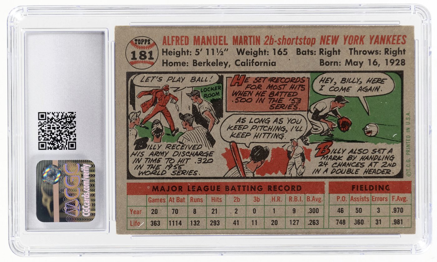 Hake S 1956 TOPPS 181 BILLY MARTIN CGC 6 EX NM