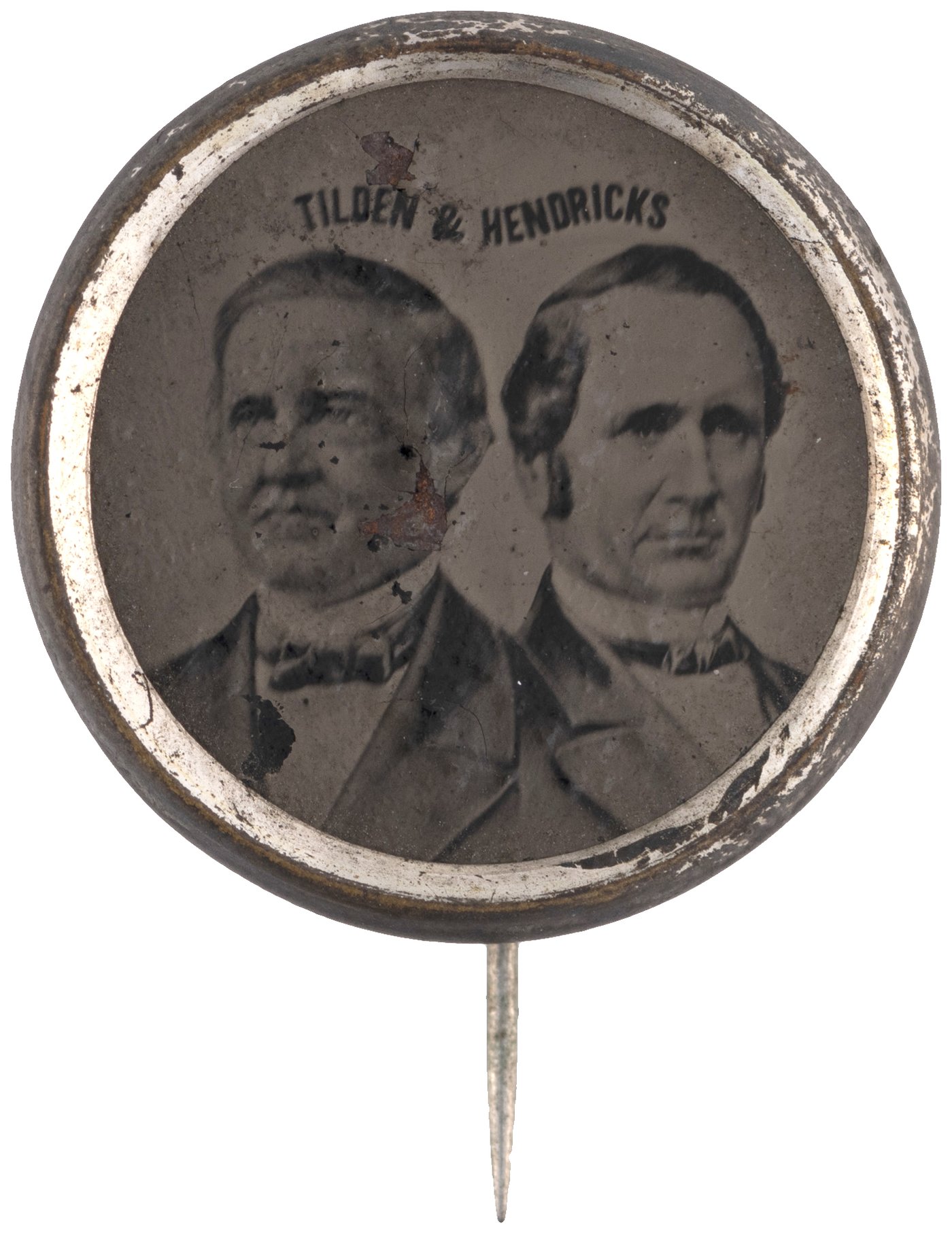 Hake S TILDEN HENDRICKS 1876 FERROTYPE JUGATE BADGE