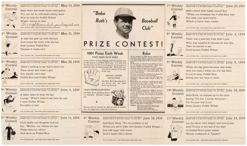 Hake S BABE RUTH S BASEBALL CLUB PRIZE CONTEST SHEET