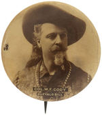 "COL. W.F. CODY/BUFFALO BILL" REAL PHOTO PORTRAIT BUTTON USED 1900-1912.