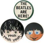 RARE LARGE BEATLES SLOGAN BUTTON AND TWO GENERIC RELATED.