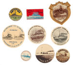 EARLY WARSHIPS TOBACCO TAGS AND SEVEN CELLULOID BADGES.