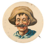 COWHAND WITH LENGTHY MOUSTACHE SUPERB COLOR BUTTON C. 1900.