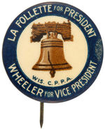 LaFOLLETTE/WHEELER 1924 LIBERTY BELL CPPA BUTTON.