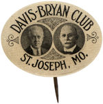 “DAVIS-BRYAN CLUB ST. JOSEPH, MO” RARE OVAL 1924 JUGATE BUTTON.