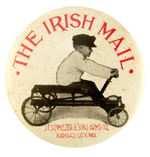 "THE IRISH MAIL" POTTER COLLECTION BUTTON SHOWING YOUNG BOY ON HIS TOY VEHICLE.