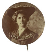 “MAY HOSMER” ACTRESS BUTTON CIRCA 1900 FROM HAKE COLLECTION AND CPB.