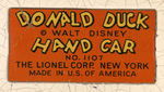 "LIONEL DONALD DUCK HAND CAR" WIND-UP.