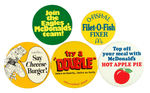 McDONALD'S FIVE EMPLOYEE BUTTONS FROM THE 1960s AND 70s.