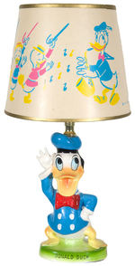 “DONALD DUCK” FIGURAL CERAMIC LAMP WITH ILLUSTRATED SHADE.