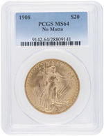 $20 SAINT-GAUDENS 1908 GOLD DOUBLE EAGLE "NO MOTTO" VARIETY PCGS MS64.