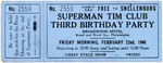 "SUPERMAN-TIM CLUB THIRD BIRTHDAY PARTY" UNUSED TICKET.