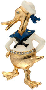 DONALD DUCK LARGE HIGH RELIEF BRASS, ENAMEL PAINT AND RHINESTONE PIN.