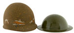 WWII CHILD’S UNIFORM LOT OF TWO HATS, TWO HELMETS AND PAIR OF BOOTS.