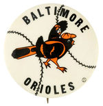 "BALTIMORE ORIOLES" UNUSUAL DESIGN WITH THE BIRD READY TO THROW A PITCH.