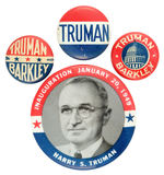 TRUMAN GROUP OF 3 NAME BUTTONS AND 1949 INAUGURAL PICTURE BUTTON.