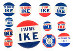 EISENHOWER COLLECTION OF 12 "I LIKE IKE" SLOGANS IN VARIOUS LANGUAGES.