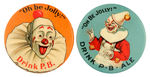 "DRINK P.B." ALE PAIR OF LARGE AD BUTTONS FEATURING WHITE-FACED CLOWNS.