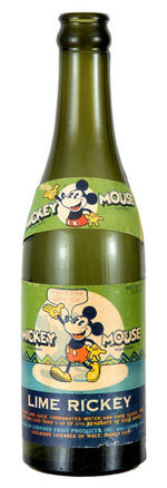 "MICKEY MOUSE LIME RICKEY" RARE SODA BOTTLE WITH LABELS.