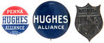 HUGHES BUTTON PAIR PLUS THREE WHITE METAL LAPEL STUDS.