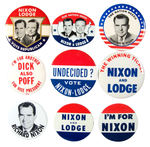 NIXON 1960 GROUP OF 9 LARGE BUTTONS INCLUDING 2 JUGATES AND COATTAIL.