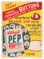 "KELLOGGS PEP COMIC CHARACTER BUTTONS" PROMO STORE SIGN WITH BEANIE OFFER.