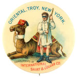 "INTERNATIONAL SHIRT & COLLAR CO." |AD BUTTON WITH BIZARRE SCENE AND GREAT COLOR.