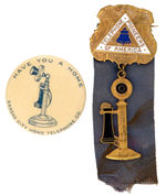 CANDLESTICK TELEPHONE RARE AD BUTTON AND "PIONEERS" RIBBON BADGE.