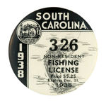 "SOUTH CAROLINA NON-RESIDENT FISHING LICENSE 1938 BUTTON AND PAPER.