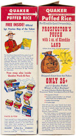 "QUCKER PUFFED RICE" CEREAL BOX PAIR WITH SGT. PRESTON PREMIUM OFFERS.