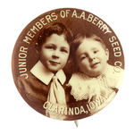 SUPERB REAL PHOTO SEPIA BUTTON SHOWING "JUNIOR MEMBERS OF A.A. BERRY SEED CO."