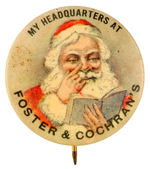 SANTA WITH FINGER NEXT TO NOSE AS HE STUDIES HIS OPEN BOOK.