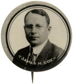 "JAMES M. COX" 1920 REAL PHOTO PORTRAIT BUTTON.