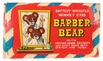 "BATTERY OPERATED WINKEY EYED BARBER BEAR" BOXED BATTERY TOY.