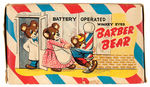 "BATTERY OPERATED WINKEY EYED BARBER BEAR" BOXED BATTERY TOY.