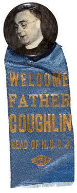 FATHER COUGHLIN BUTTON WITH ATTACHED RIBBON.