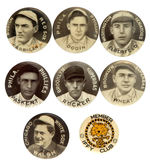 SEVEN SWEET CAPORAL BASEBALL BUTTONS PLUS DETROIT TIGER CLUB BUTTON.