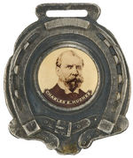 "CHARLES E. HUGHES" REAL PHOTO CELLULOID ON METAL FOB.