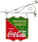 "FOUNTAIN SERVICE - DRINK COCA-COLA" PORCELAIN HANGING SIGN & BRACKET.