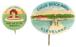 PAIR OF CHOICE COLOR BUTTONS ADVERTISING "BEACH PARK" FROM THE HAKE COLLECTION.