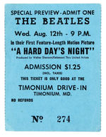 TIMONIUM, MD DRIVE-IN TICKET STUB TO SEE "SPECIAL PREVIEW/THE BEATLES/A 'HARD DAY'S NIGHT'."