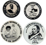 MALCOLM X 1965 MEMORIAL BUTTON PLUS THREE OTHER 1960s-1970s CIVIL RIGHTS BUTTONS.