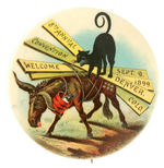 STRIKING 1899 DENVER CONVENTION BUTTON FEATURING BLACK CAT RIDING DONKEY.