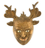 MAN'S HEAD WITH ANTLER ACCENTS BRASS SHELL PIN CIRCA 1900 FROM HAKE COLLECTION.