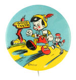 PINOCCHIO & JIMINY CRICKET BEAUTIFUL AND SCARCE "GOOD TEETH" PREMIUM BUTTON.